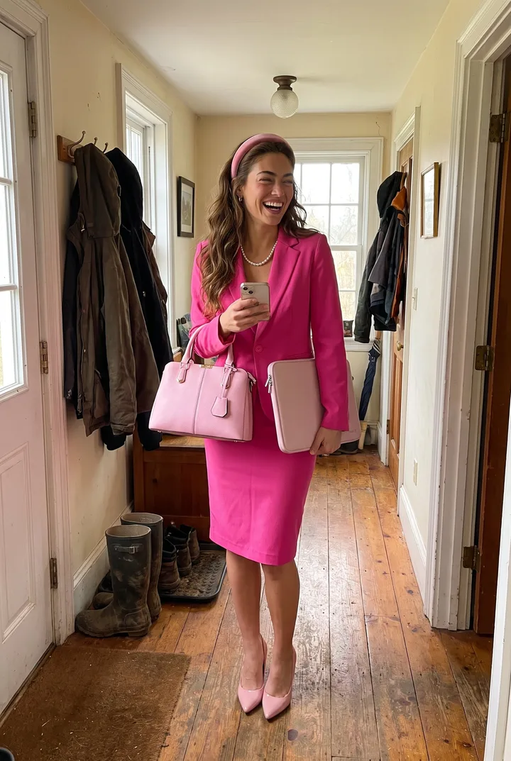 A brown haired woman in her farmhouse hallway laughing, wearing the hot pink skirt suit, pink patent pumps, pearl necklace and pink velvet headband, holding the pink satchel and laptop sleeve.