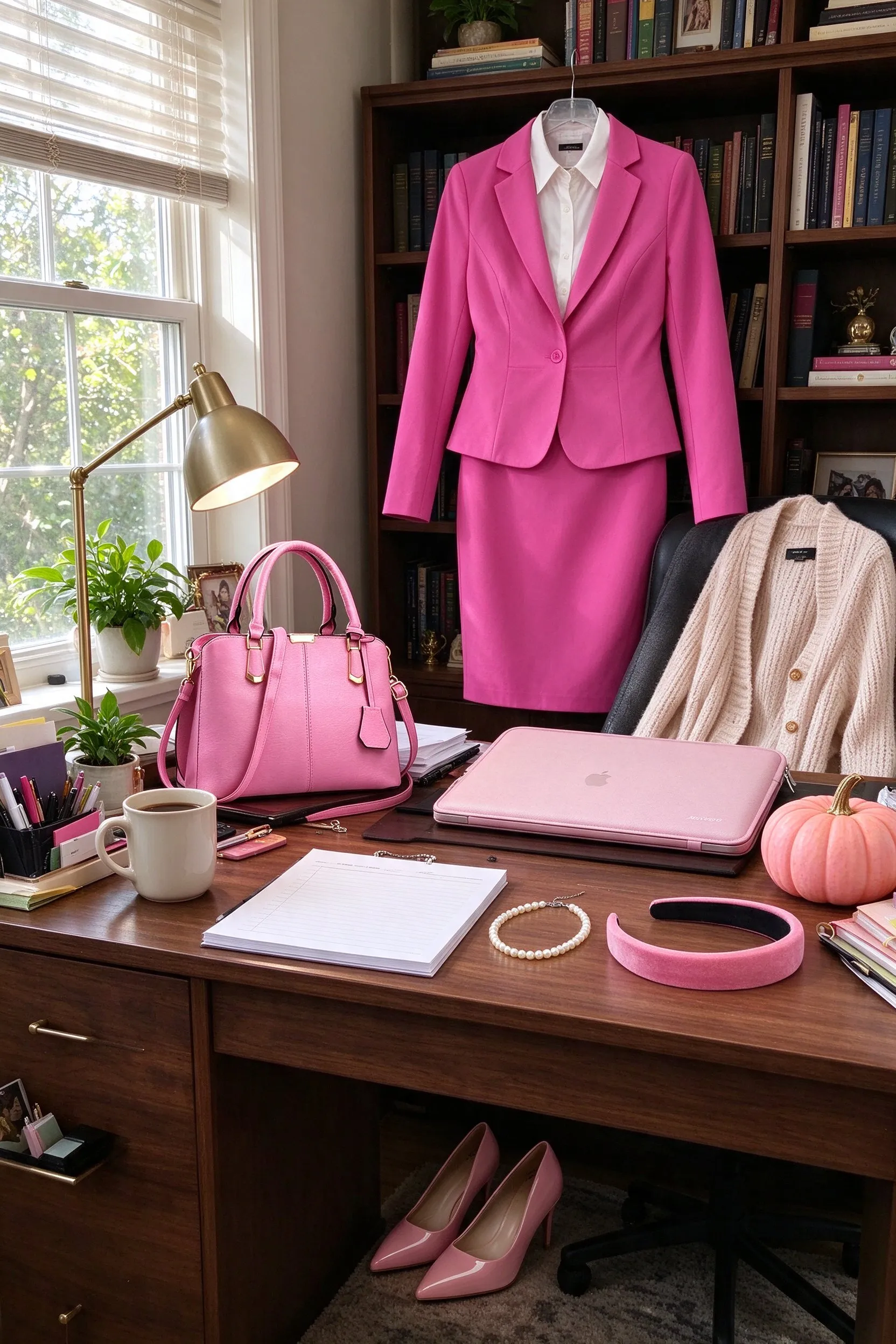 Styled scene: law student costume styled at a home office desk, the hot pink skirt suit on a hanger hooked on a bookshelf with no visible books, the pumps under the desk, the satchel, laptop sleeve, pearls and headband on the desk.