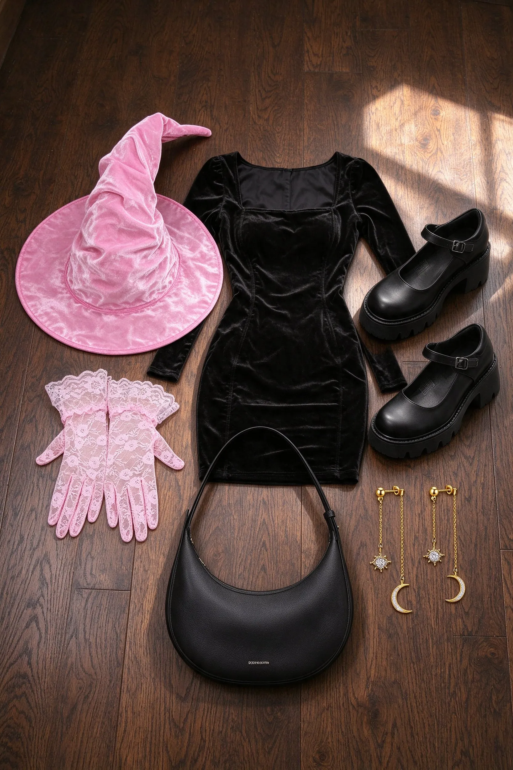 The listed pieces laid out on dark stained oak floorboards: soft pink velvet witch hat, black velvet square neck mini dress, black platform mary jane pumps, pale pink lace gloves, black crescent shoulder bag and gold moon and star drop earrings.