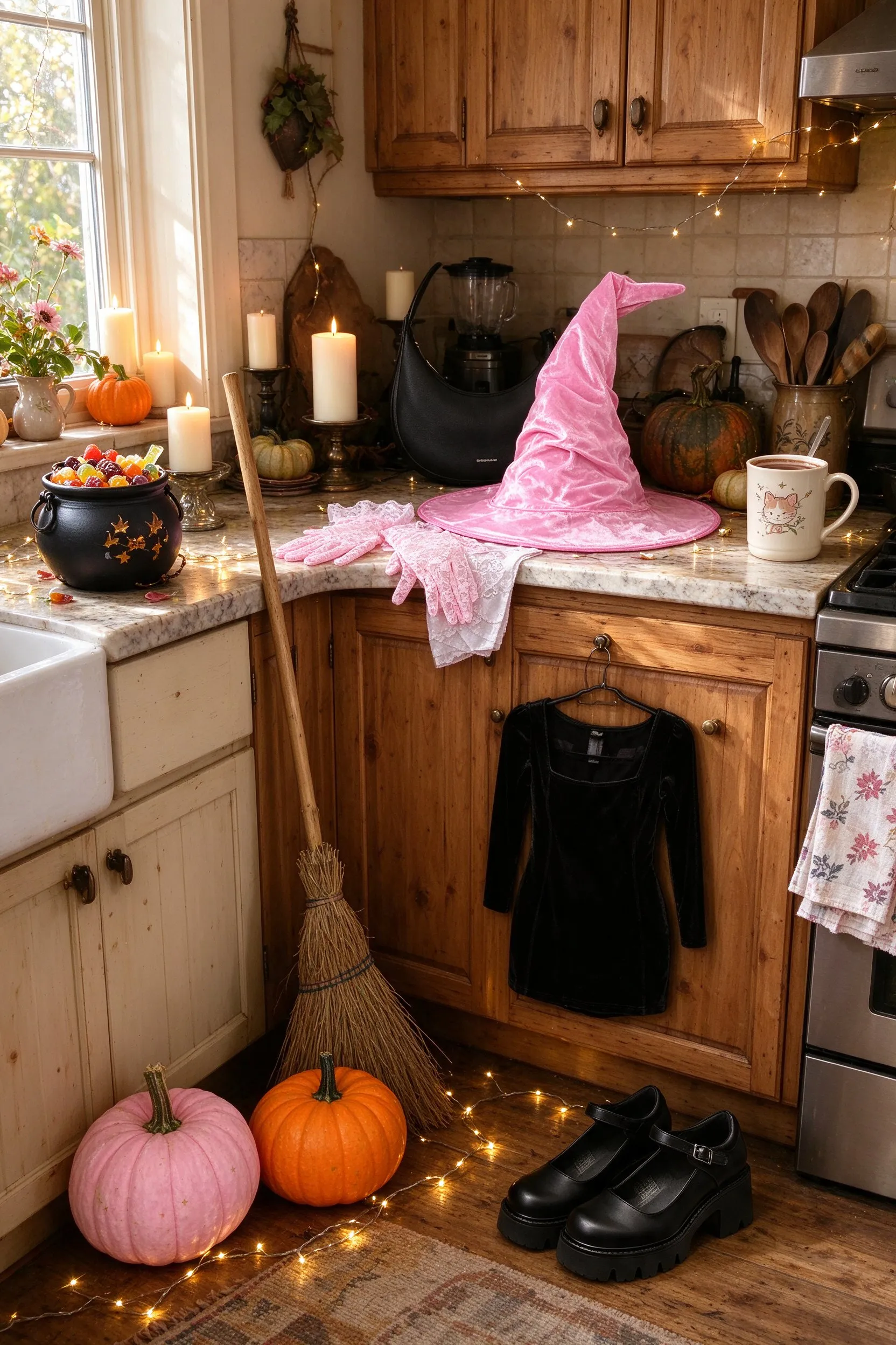 Styled scene: pink witch costume styled in a farmhouse kitchen corner, the black velvet dress hanging on a cabinet door, the pink velvet witch hat on the counter, the lace gloves, crescent bag and moon earrings beside it, the Mary Janes below.