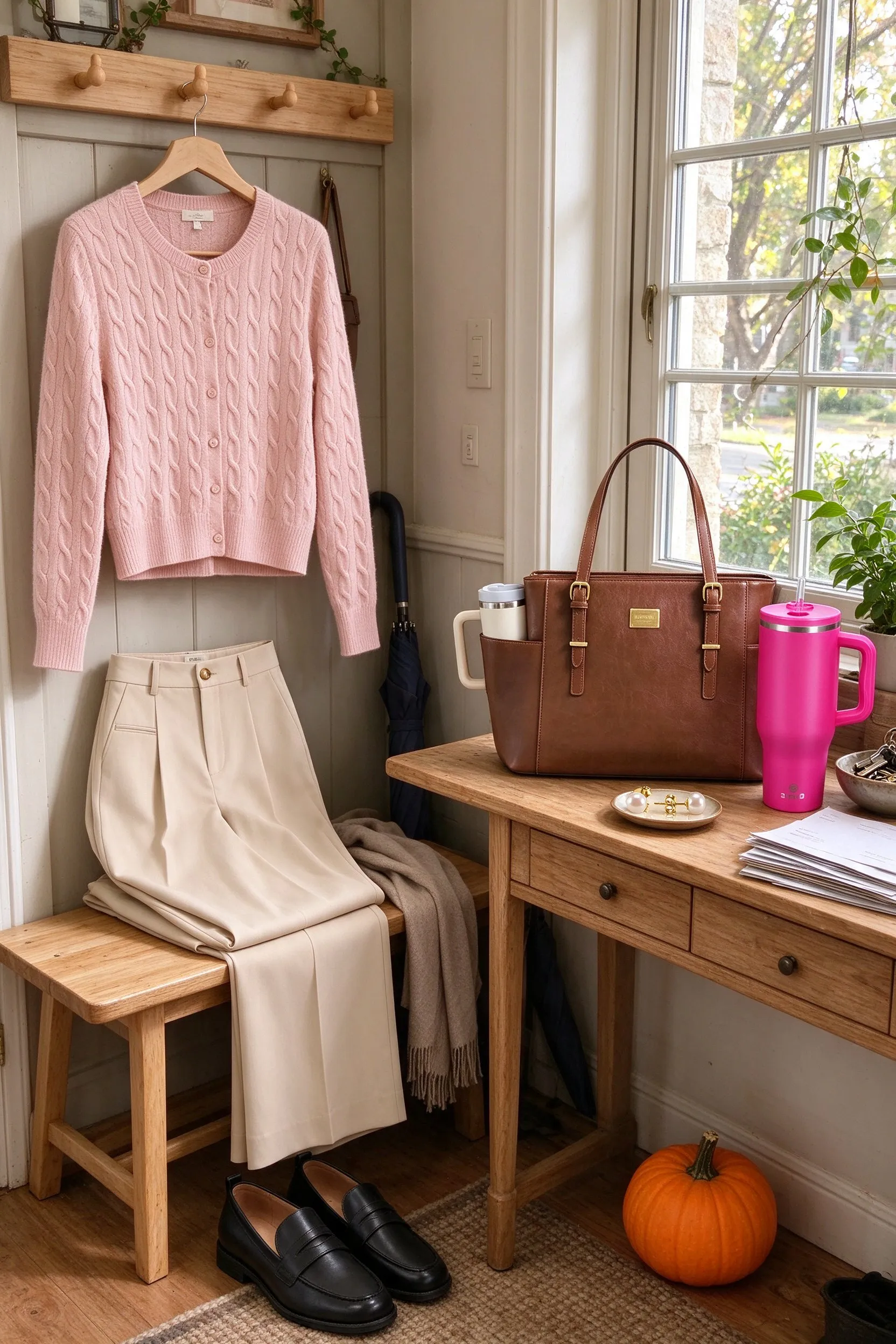 Styled scene: cozy office outfit styled in a farmhouse entry, the pink cardigan on a hanger on a peg, the trousers folded on a bench, the loafers below, the laptop tote and pink tumbler on a hall table.