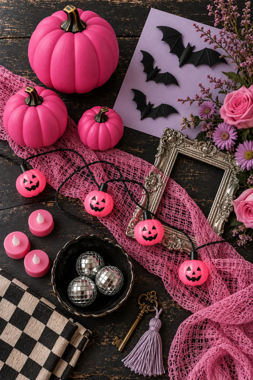 Overhead arrangement of hot-pink pumpkins, pink gauze, jack-o-lantern string lights, black bats and pink LED tea lights on a dark tabletop.
