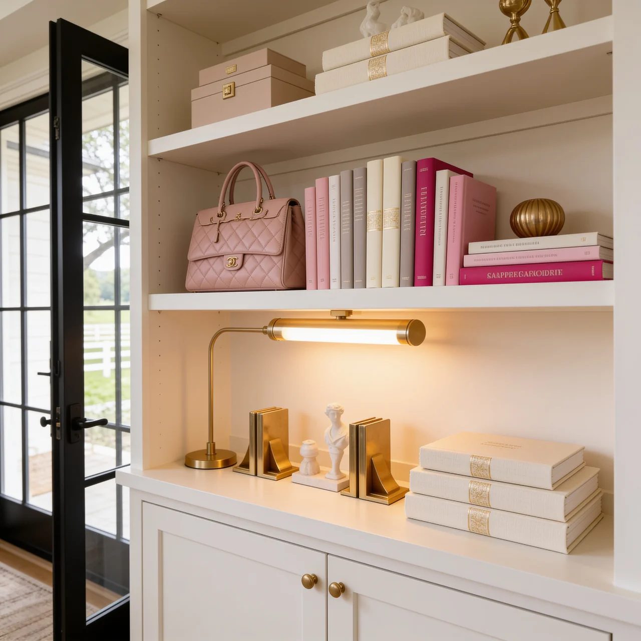 Pink and cream books, a blush handbag and gold accents on a home-office shelf