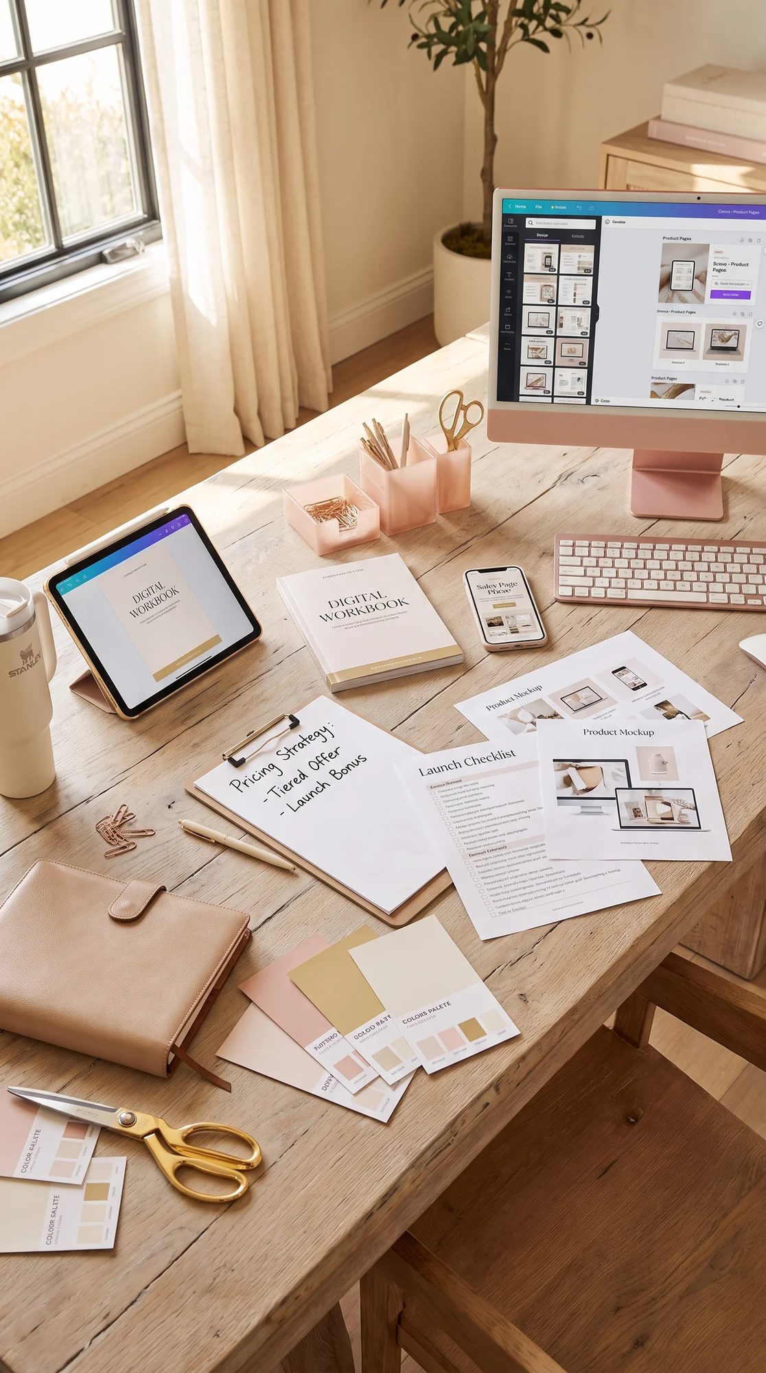 A flat lay of a digital workbook, pen and notes laid out on a desk — The Digital Income Edit
