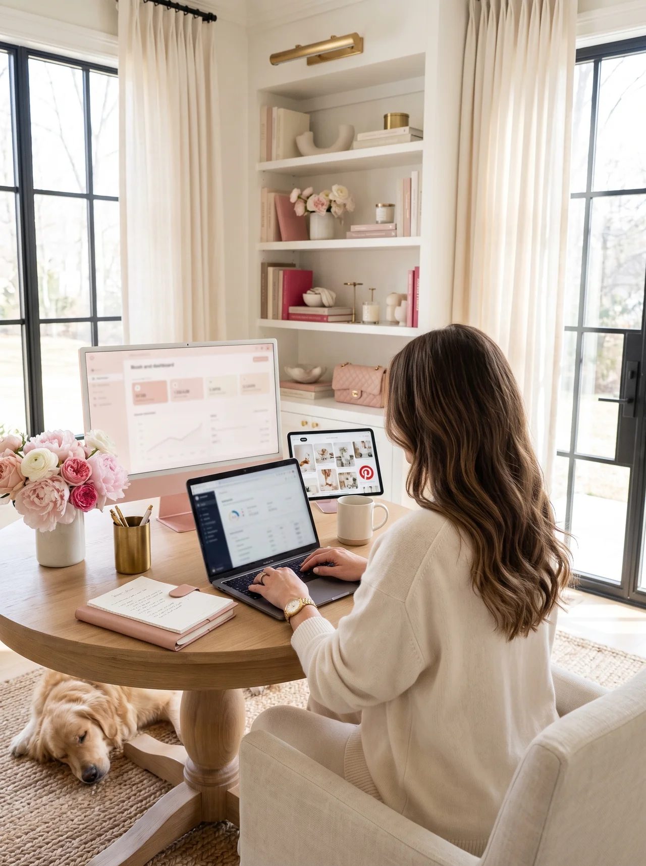 Editorial home office workspace with laptop and notebook, styled for The Digital Income Edit