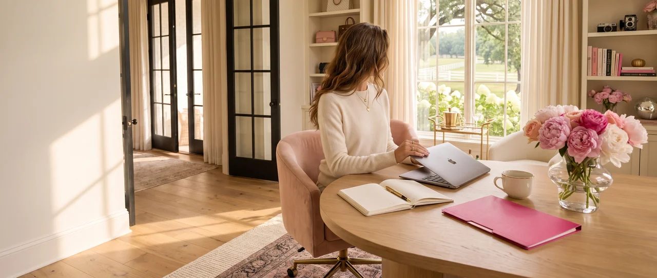 A wide, sunlit home office with a styled desk and shelving — The Digital Income Edit