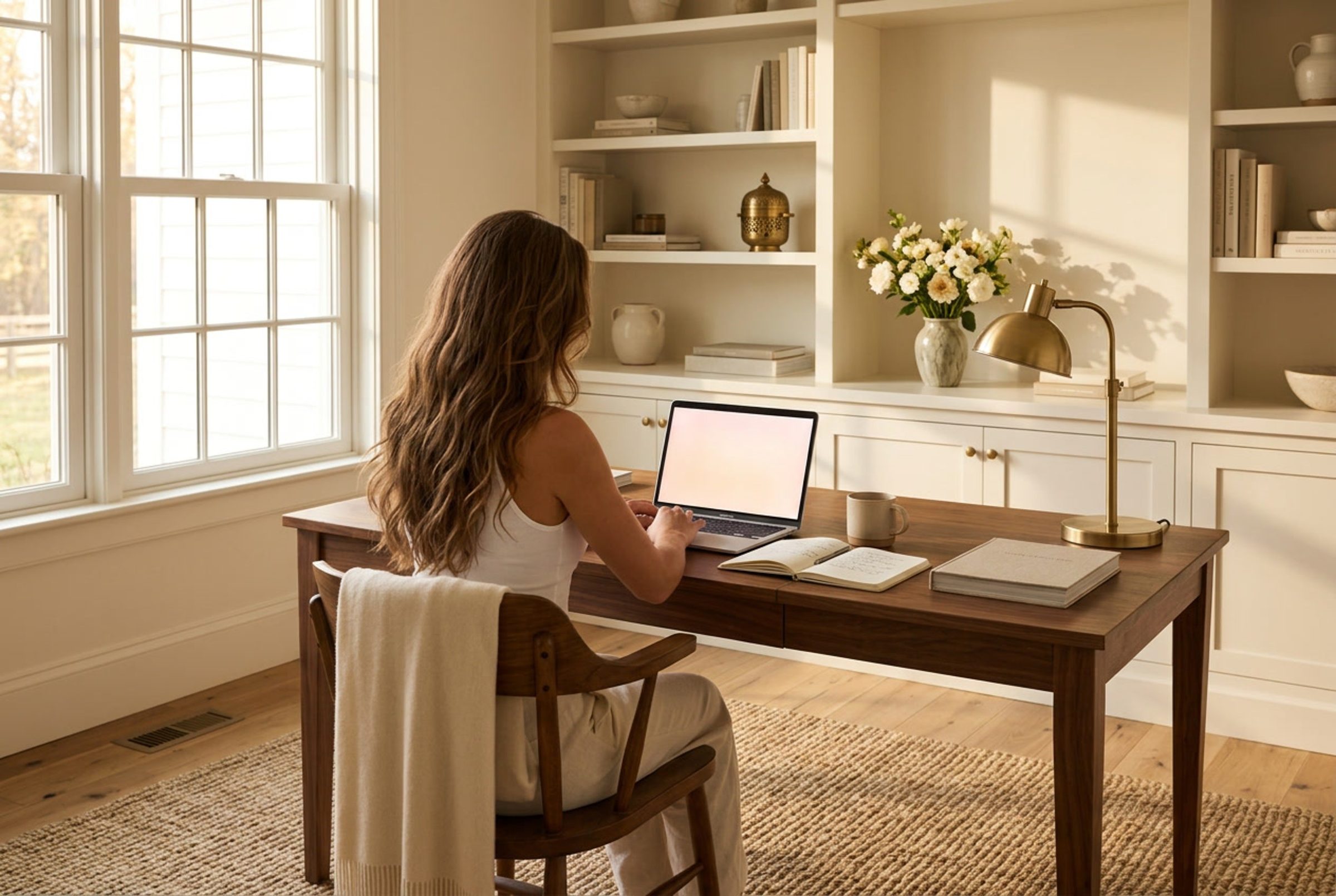 Home office with a full desk setup and styled shelving — The Digital Income Edit