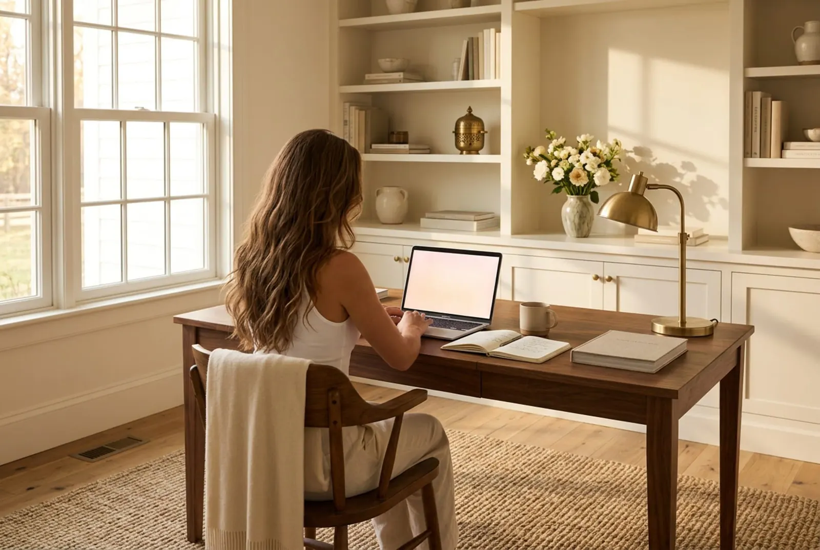 A woman seen from behind at a walnut desk in a sunlit cream study, typing on a laptop beside an open notebook, a brass lamp and white flowers on the built-in shelves.