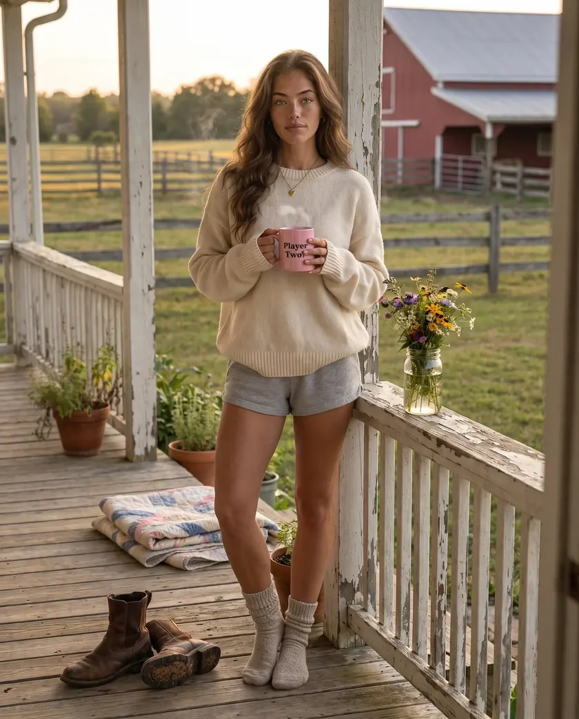 The brand's AI persona on a weathered farmhouse porch at golden hour, in a cream knit sweater and wool socks, holding a pink mug, with a red barn and open pasture behind her.