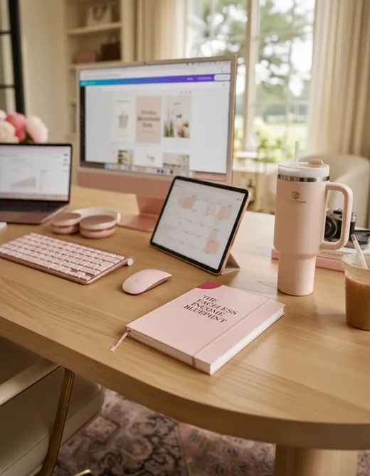 The pink Faceless Income Blueprint notebook on a light wooden desk in front of a pink computer, a tablet calendar and a blush tumbler.