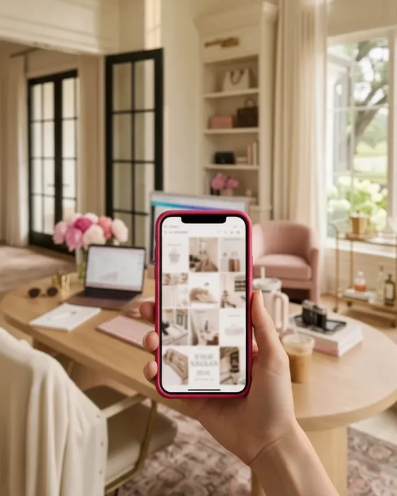 A hand holding a phone with a pink case showing a grid of Pinterest pins, in a bright home office with a round wooden desk, pink peonies and a blush armchair.
