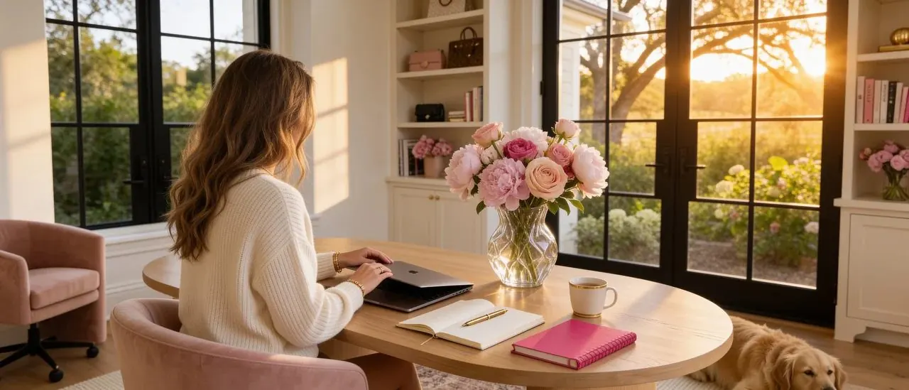 A woman seen from behind at a round oak desk at golden hour, typing on a laptop beside peonies, an open notebook and a pink journal, a golden retriever asleep by the glass doors.