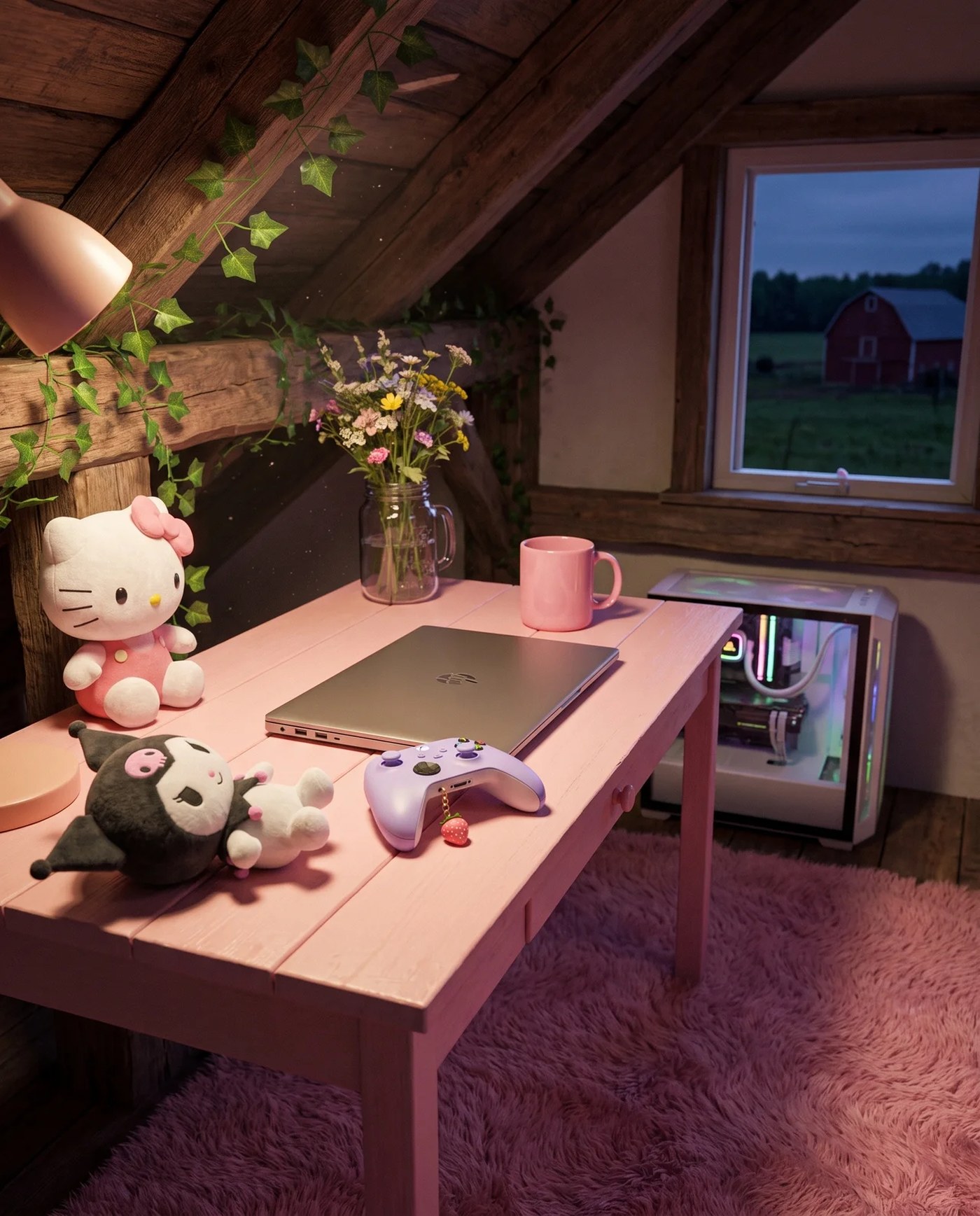 The attic desk at dusk — laptop closed, controller set down, the barn dark through the window.
